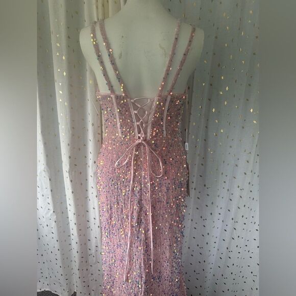 Lavetir NWT Sequin Velvet Corset Lace Up Back High Side Sexy Slit Prom Dress 4 - Picture 6 of 10